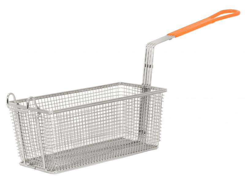 12 1/8" x 6 5/16" x 5 5/16" Nickel-Plated Iron Fryer Basket with Orange Handle 1 12 1/8" x 6 5/16" x 5 5/16" Nickel-Plated Iron Fryer Basket with Orange Handle